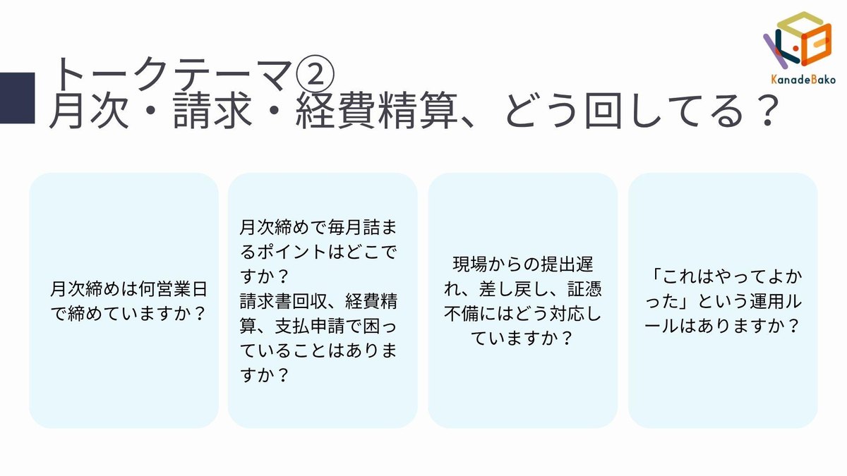 トークテーマ② 月次・請求・経費精算、どう回してる？ のスライド